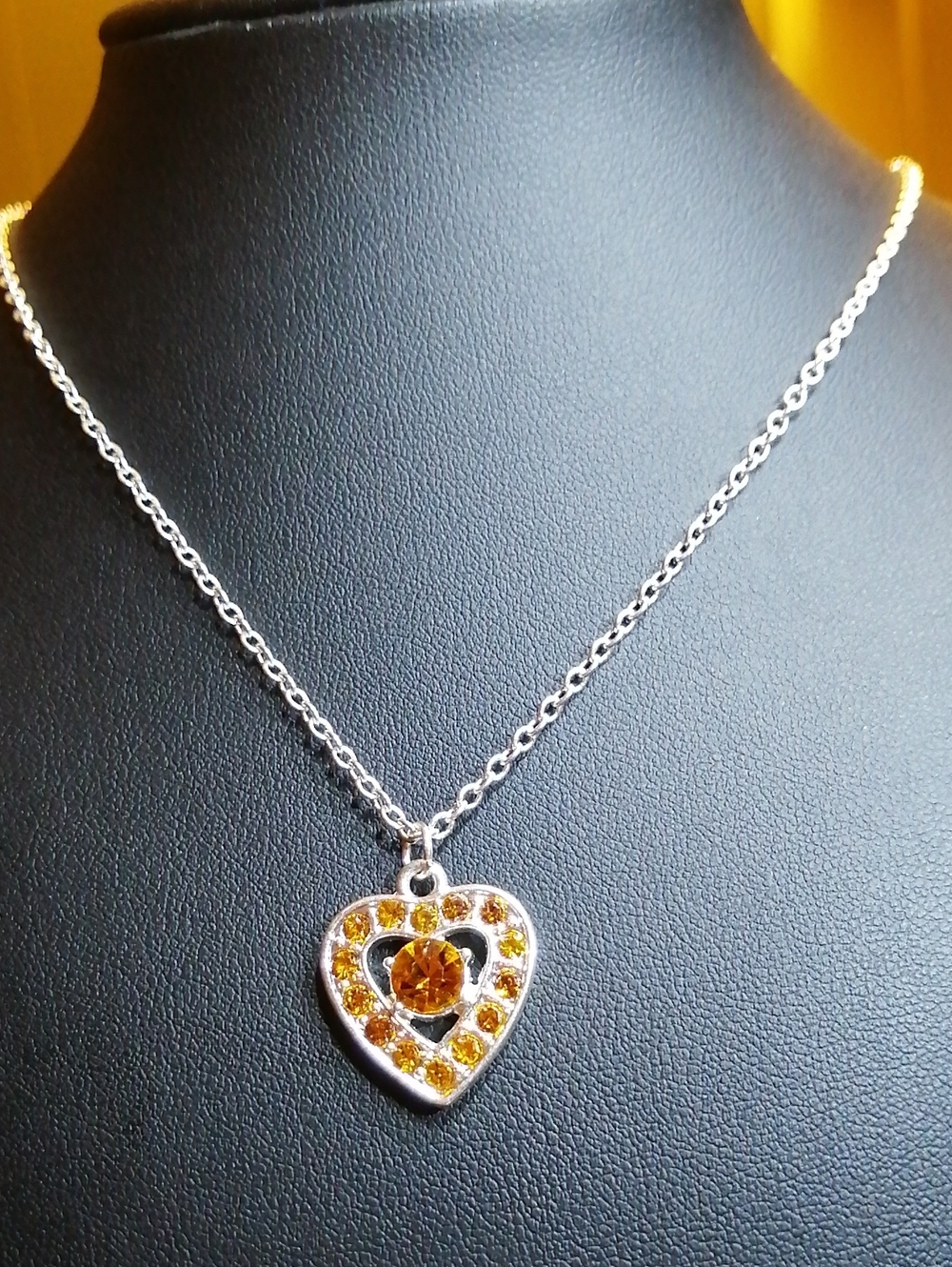 Delicate Amber Colour Crystals Heart Pendant Necklace 18" Long
